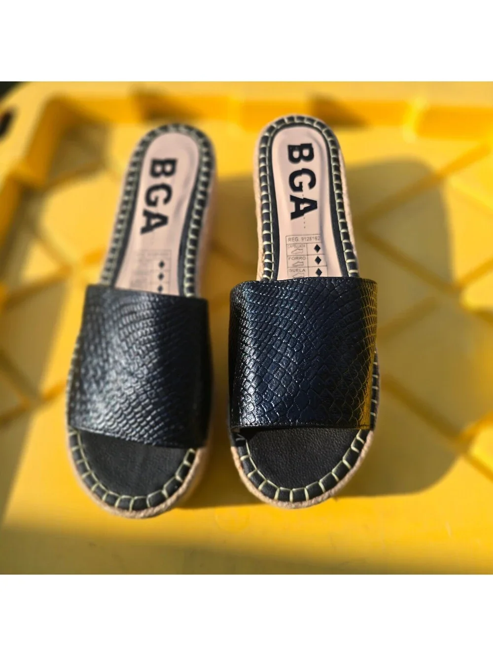 BGA Black Leather Platform Slide Sandals with Jute Wedge